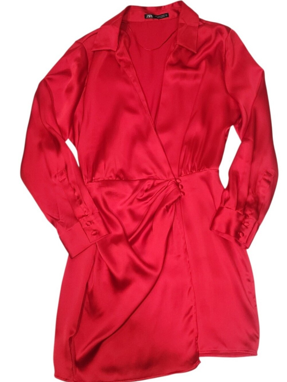 Zara Red Silk Satin Mini Night Out Long Sleeve Dress Size M - Picture 7 of 9